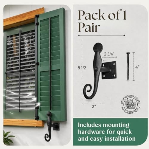 5.5-Inch Wrought Iron Shutter Dogs - Black Rat Tail Design (Pack of 2)
