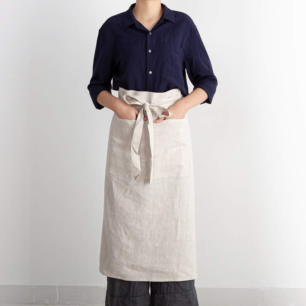 ATLINIA 100% Linen Half Apron Bistro Apron Waist Apron with Pockets Natural
