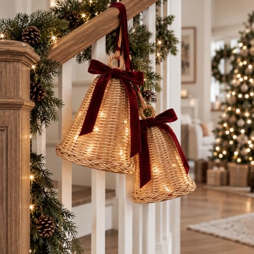 Yookeer 2 Pack Large Wicker Rattan Christmas Bell Decor with Lights - Rustic Holiday Ornaments