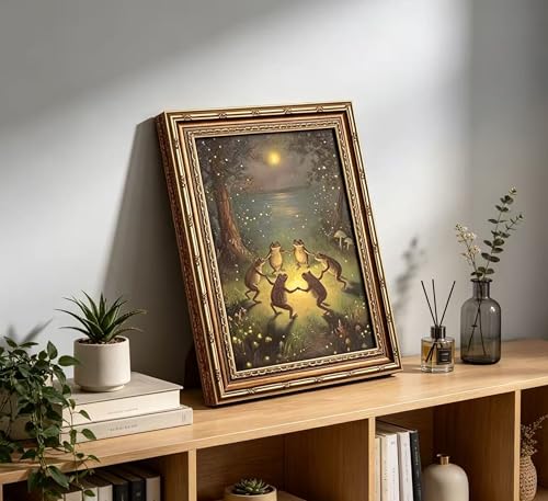 Vintage Gold Framed Frog Wall Art Dancing Frogs Canvas Print