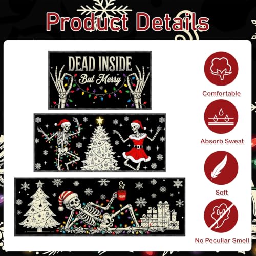 Skeleton Christmas Kitchen Rugs - 28x16/35x16/47x16 Inches, Dead Inside But Merry, Dark Humor Santa Skeleton Mats (Variation: Christmas Skeleton)