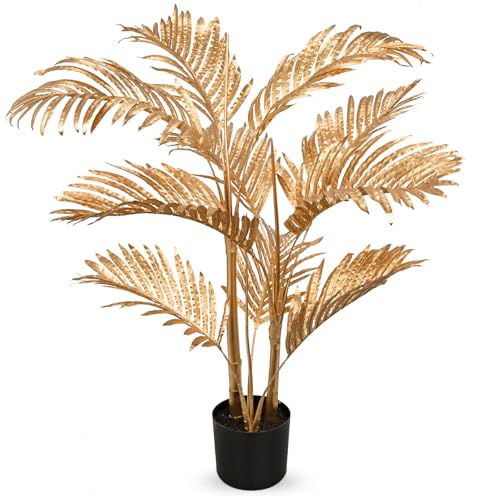 GnFlus 43" Double-Stalk Christmas Gold Artificial Palm Tree in Pot - Indoor Faux Palm