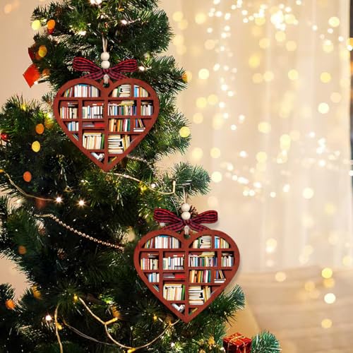 Heart Bookshelf Christmas Ornament, Wooden Book Lover Gift for Readers