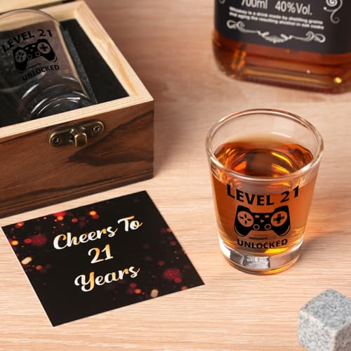 Ithmahco 21st Birthday Gift Set - Level 21 Unlocked Shot Glass & Wooden Box - Gaming Milestone Celebration - Variation: Transparent