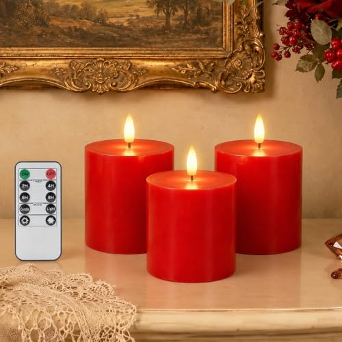 Homemory 3x3 Red Flameless Candles with Remote Timer, Battery Operated 3PC