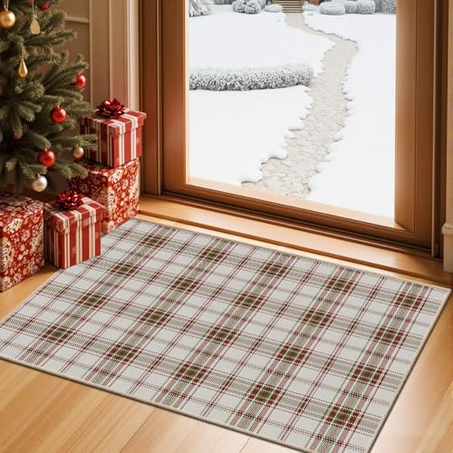 Rugxara Christmas 2x3 Checkered Red Rug – Washable Faux Wool Entryway Mat