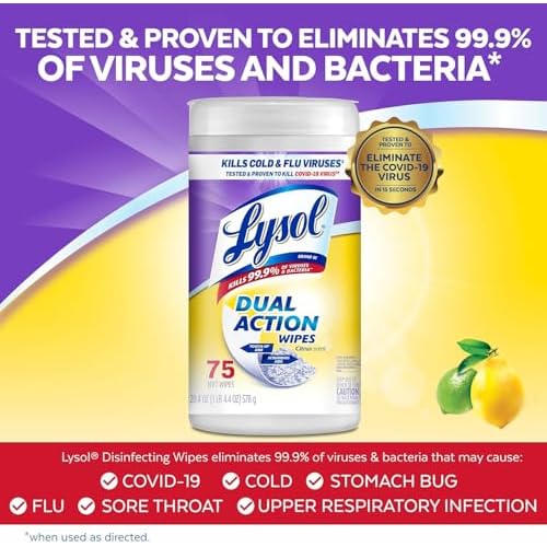 Lysol Dual Action Disinfectant Wipes, Multi-Surface Antibacterial Scrubbing Wipes, Dorm Room Essentials, Citrus Scent, 75ct (Pack of 4), Packaging May Vary