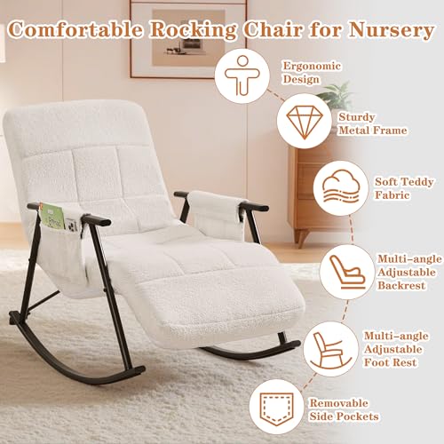 Teddy Fabric Nursery Rocking Chair with Footrest and Adjustable Recliner