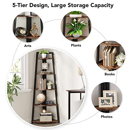 5-Tier Tall Corner Bookshelf, Industrial Rustic Corner Storage Shelf