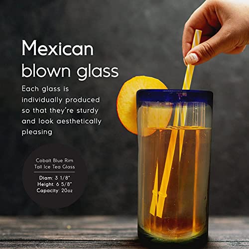 Handblown 20 oz Iced Tea Glasses with Cobalt Blue Rim, Set of 6