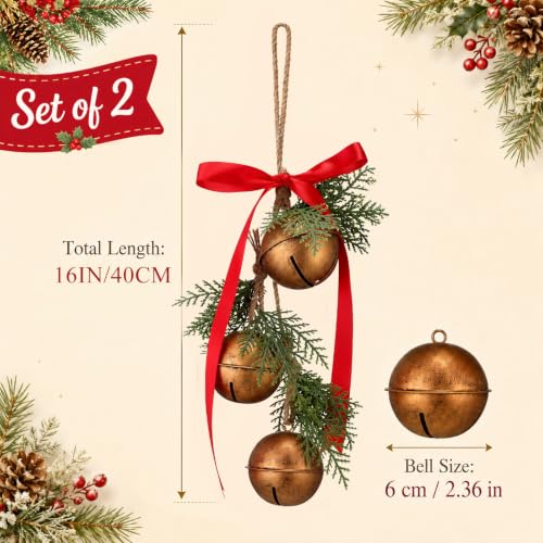 Antique Bronze 16-Inch Christmas Bell Set with Hanging Rope, Pack of 2