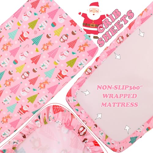 Cloele Pink Santa Snowman Christmas Crib Sheet 52x28in - Fitted Crib Mattress