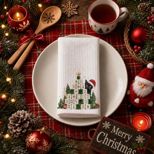 Santa Cat Mahjong Kitchen Towels Set of 2 - Christmas Dish Hand Towels 16 x 24 Inches