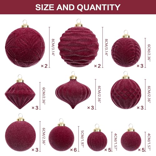 35Pcs Burgundy Velvet Christmas Ball Ornaments Set with 1.57"-3.14" Hangers - Xmas Tree Decor by Super Holiday