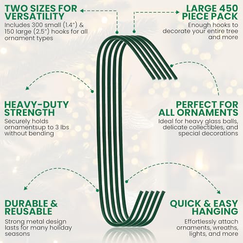 Heavy Duty Green Christmas Tree Ornament Hooks - 450 Pack (1.4 & 2.5 Inch)