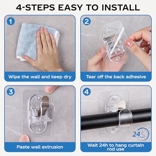 No Drill Curtain Rod Brackets, 8 Pack Heavy Duty Self Adhesive Rod Holders