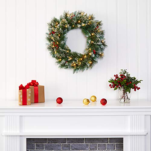 Nearly Natural 24in Pre-Lit Frosted Swiss Pine Christmas Wreath