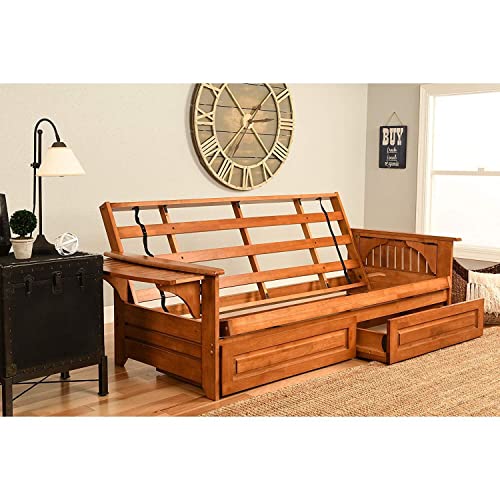 Full Size Futon Sofa Bed with Storage Drawers and Charcoal Linen Mattress