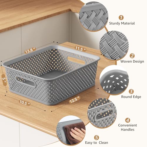 3 Pack Plastic Storage Baskets Large Grey Woven Storage Bins