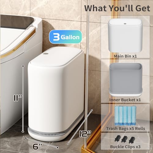 Small Bathroom Trash Can with Lid, 3 Gallon Slim Garbage Bin with Bags