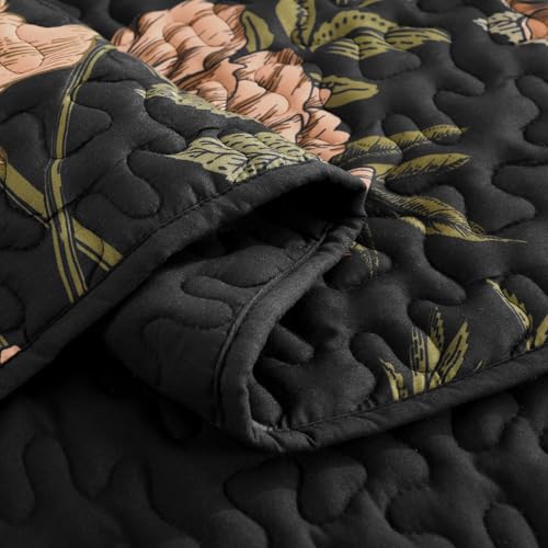 Litanika Floral Black King Quilt Set - 3 Piece Botanical Bedspread Coverlet