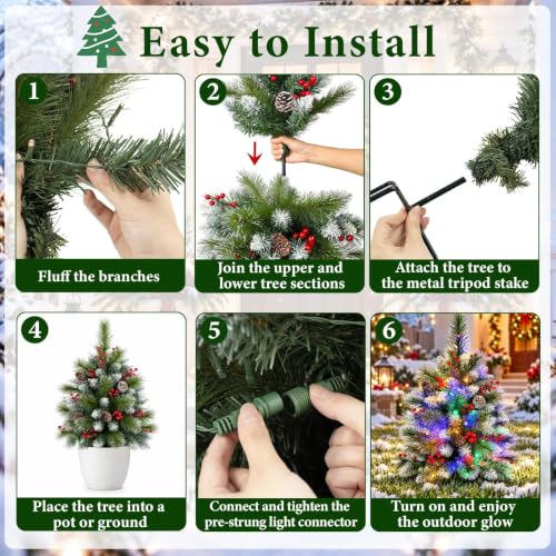 Set of 2 Outdoor Christmas Tree with LED Lights 25.6 Inch Frosted Pine Decor