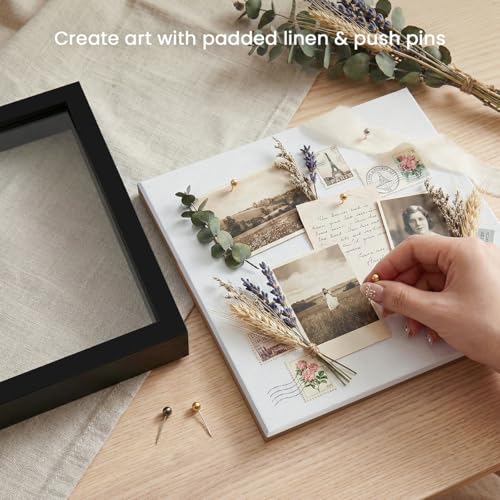 5x5 Small Shadow Box Frame with Linen Backing and Push Pins, Black