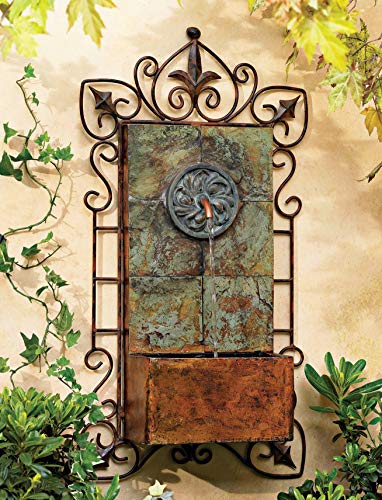33-Inch Rustic Iron Scroll Wall Fountain with LED Light for Garden Patio