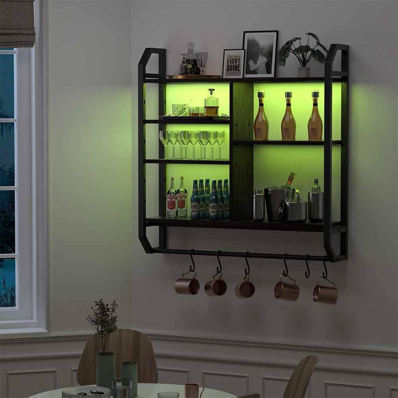 Nidouillet 34" Gaming Floating Shelves, Large LED Wall Mounted Display Shelf, Adjustable Hanging Pipe Shelf Bookshelf with Lights 6 Hooks for Game Living Room Bedroom Coffee Bar Kitchen Decor Black
