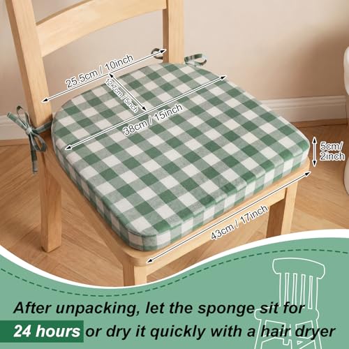 4-Pack Sage Green Checkered Dining Chair Cushions, 17x16-inch Non-Slip Pads