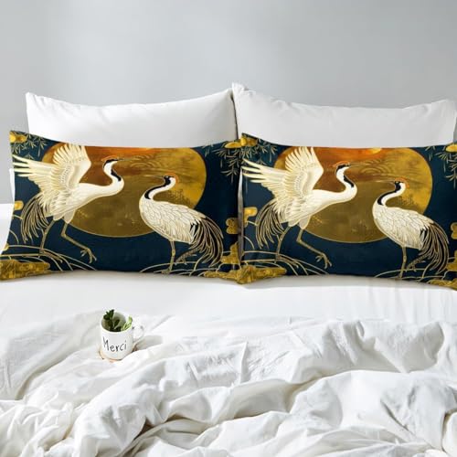 Japanese Crane and Cloud Duvet Cover Set, Queen Size 3-Piece Bedding