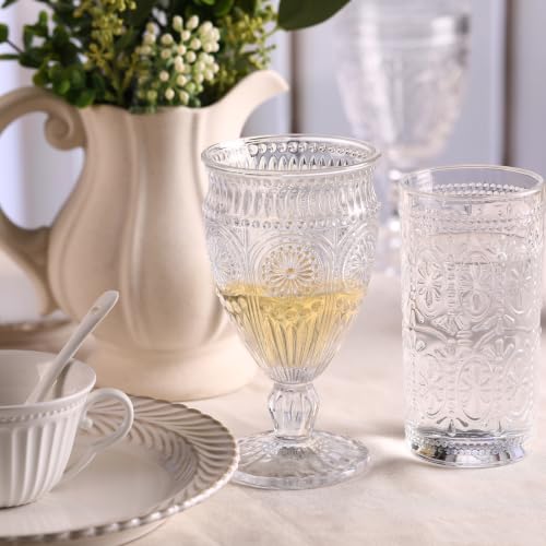 12oz Vintage Glass Goblets - Embossed Sunflower Pattern, 4-Piece Set