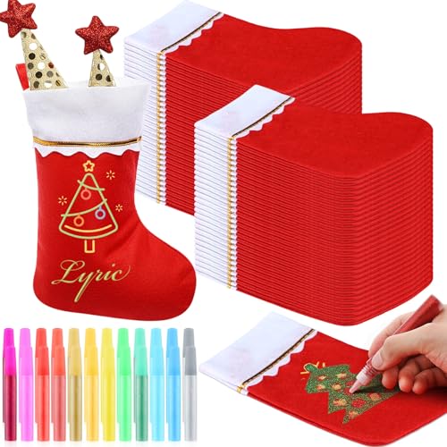 Christmas Felt Stockings with Glitter Pens Set - Red, 8.27 x 5.91 inches - DIY Holiday Decorations