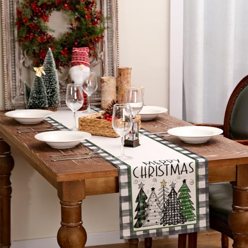 ARKENY Merry Christmas Buffalo Plaid Table Runner 13x72in - Green, Indoor/Outdoor