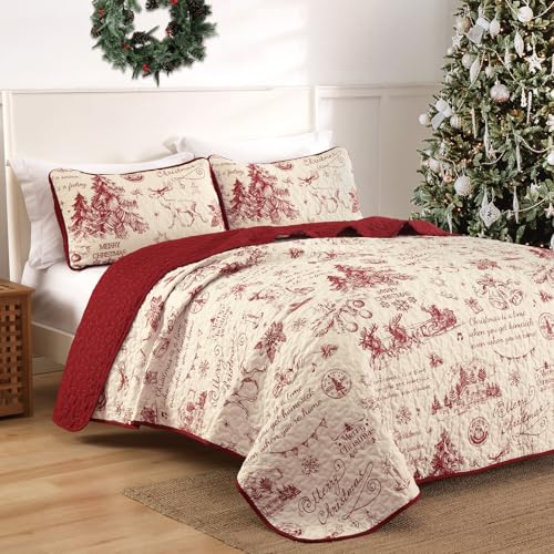 Red King Christmas Quilt Set with 2 Pillow Shams - Microfiber Holiday Bedspread