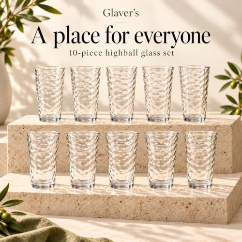 Glaver's 17 Oz Highball Glasses Set of 10 - Durable Tempered, Dishwasher Safe, Lead & BPA Free Drinkware