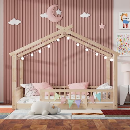 Full Size House Bed with Fence, Solid Wood Montessori Floor Bed Frame