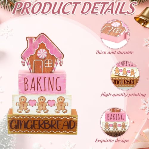 Pink Gingerbread House & Man Christmas Table Decorations Set - Wooden Holiday Centerpieces