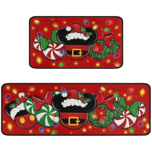 Faptoena Red Xmas Kitchen Rugs Set of 2 Non-Slip Washable Floor Mats - Holiday Decor