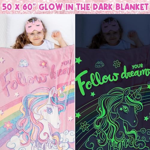 Unicorn Gift Set for Girls 4-10 Years - Glow in The Dark Blanket, Toys & Accessories