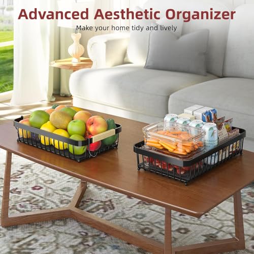 2-Tier Detachable Metal Fruit Basket with Banana Hangers & Wooden Handle