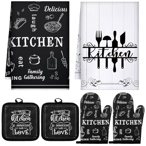 6-Piece Farmhouse Kitchen Set: Buffalo Plaid Oven Mitts, Pot Holders, Towels