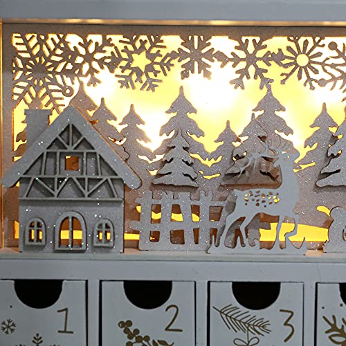 Pioneer-Effort Wooden Advent Calendar with LEDs, White & Gold – 24-Drawer Countdown Decor