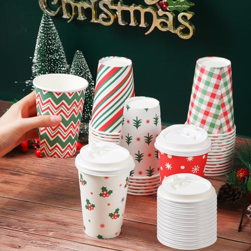 Sliner 60 Pcs Christmas Coffee Cups with Lids 16 oz, 6 Designs