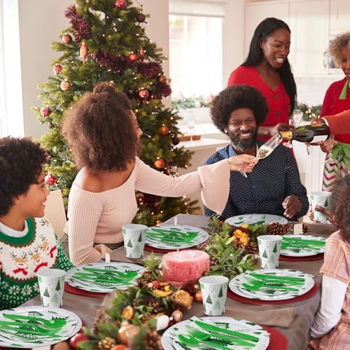 Pickmesh Christmas Tree Paper Plate Set for 50 Guests - Green Silver Party Supplies