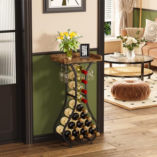 Freestanding Wine Rack Table with Glass Holder, 14-Bottle Liquor Storage