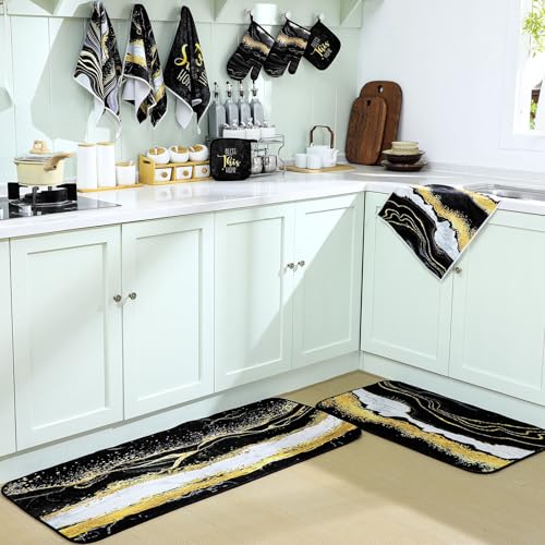 10-Piece Marble Farmhouse Kitchen Decor Set: Towels, Rugs, Mitts & Holders