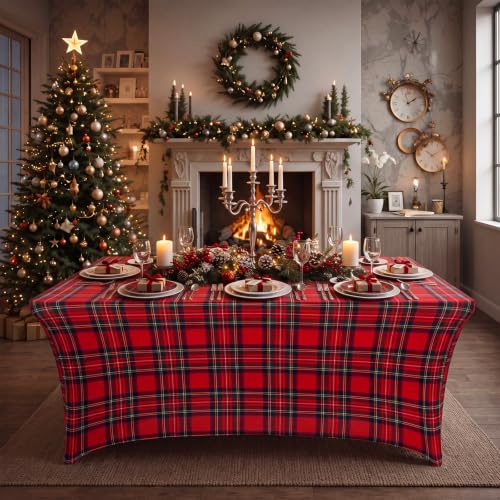 Frienda Red Plaid Christmas Tablecloth 6ft Tartan Stretch Holiday Cover - Dark Red Variation