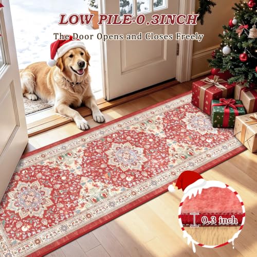 nesrt Boho Christmas Runner Rug 2x6Ft Red Holiday Non-Slip Washable Hallway