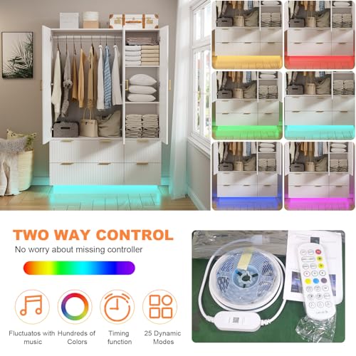 3-Door Wardrobe Closet with Mirror, Drawers, and RGB LED Lighting